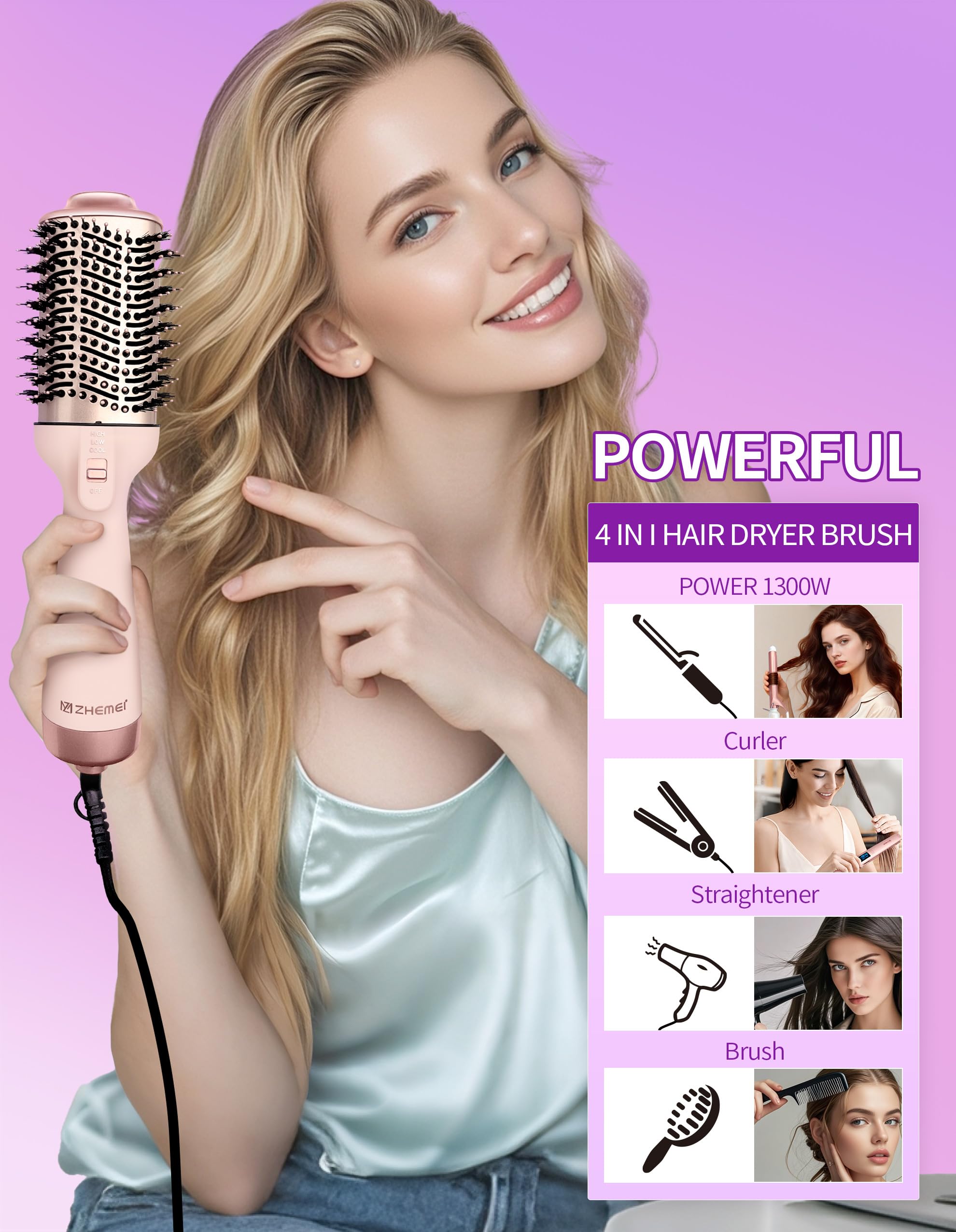 zm zHEMEI 4-in-1 hair styler rose gold side view for versatile styling.