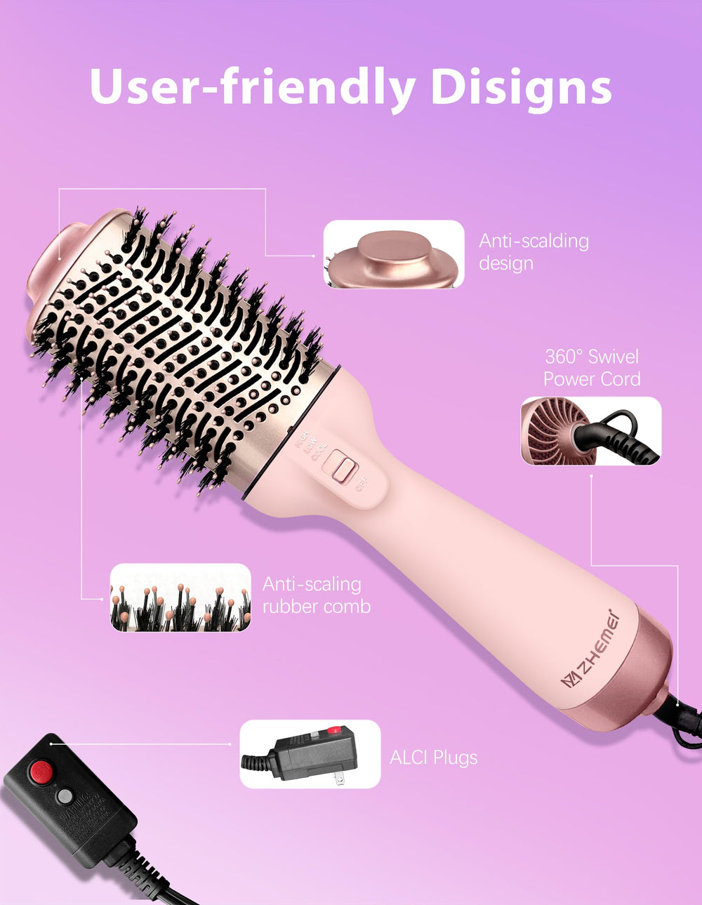 zm zHEMEI ergonomic handle with 360-degree swivel cord for comfort.