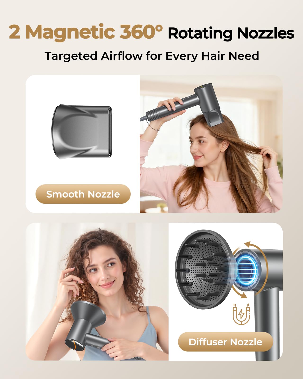 ZMZW magnetic diffuser and nozzle attachments switch quickly for versatile styling.