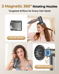 ZMZW magnetic diffuser and nozzle attachments switch quickly for versatile styling.