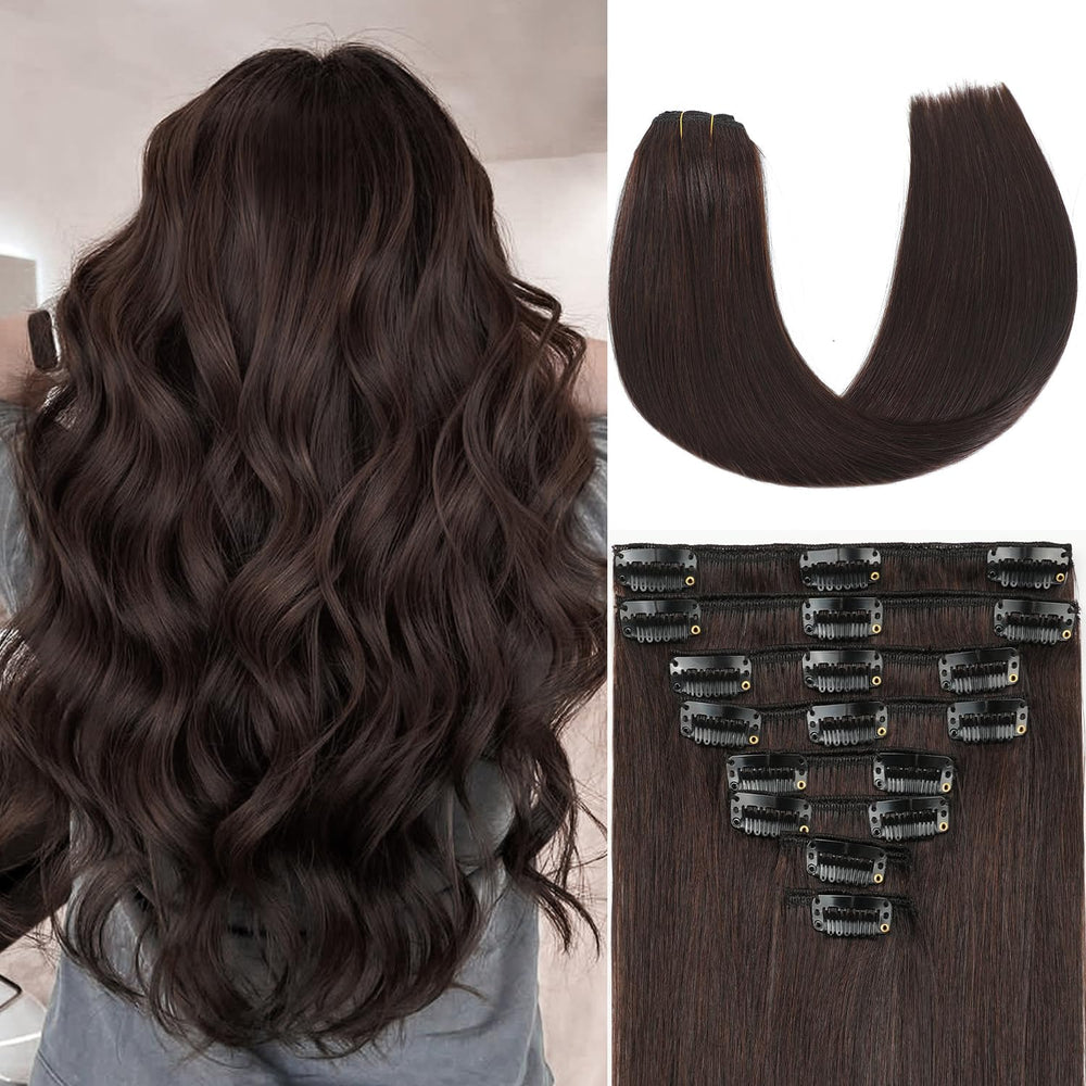 ZNXDJXE dark brown clip-in extensions shown in 18 inch length for daily volume