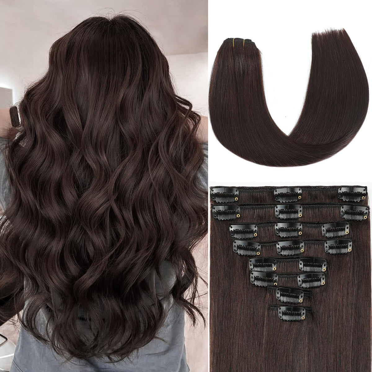 ZNXDJXE dark brown clip-in extensions shown in 18 inch length for daily volume