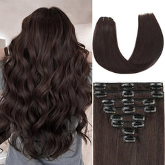 ZNXDJXE dark brown clip-in extensions shown in 18 inch length for daily volume