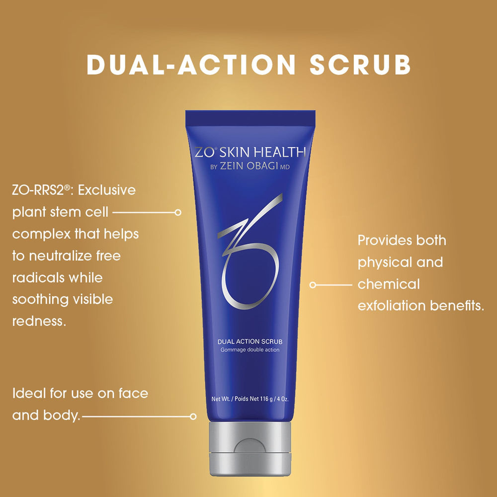 ZO SKIN HEALTH Dual Action Scrub in a bathroom setting for daily routine.