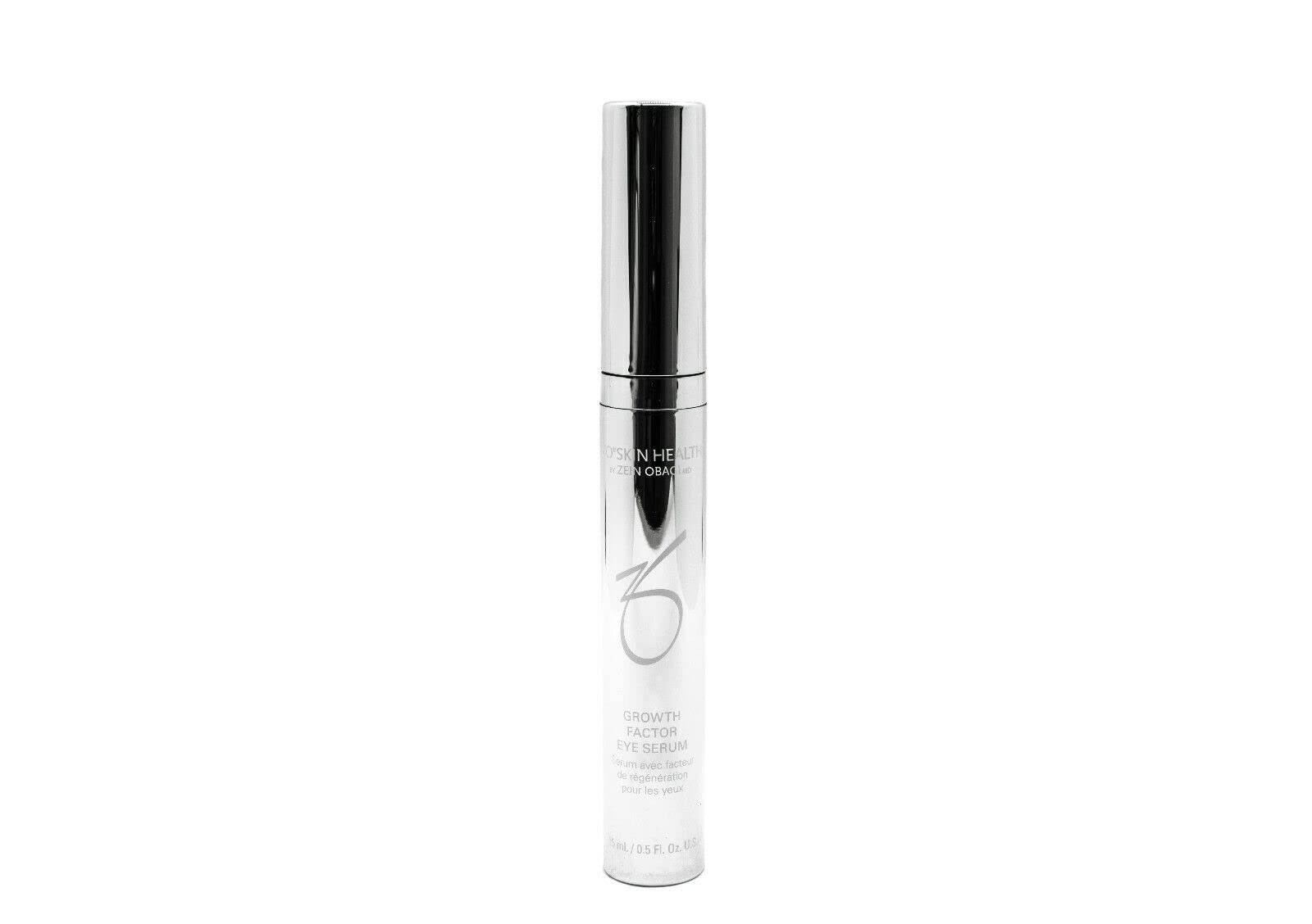 ZO Skin Health Growth Factor Eye Serum on bathroom counter as part of routine.
