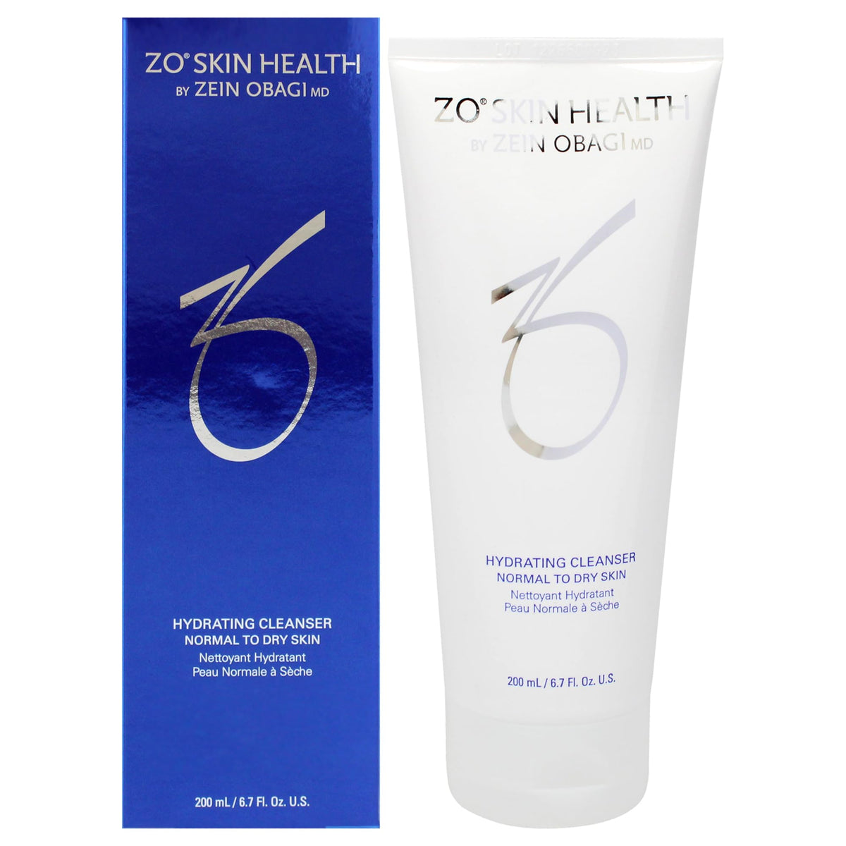 ZO Skin Health Hydrating Cleanser bottle pouring, offering gentle hydration for normal to dry skin.