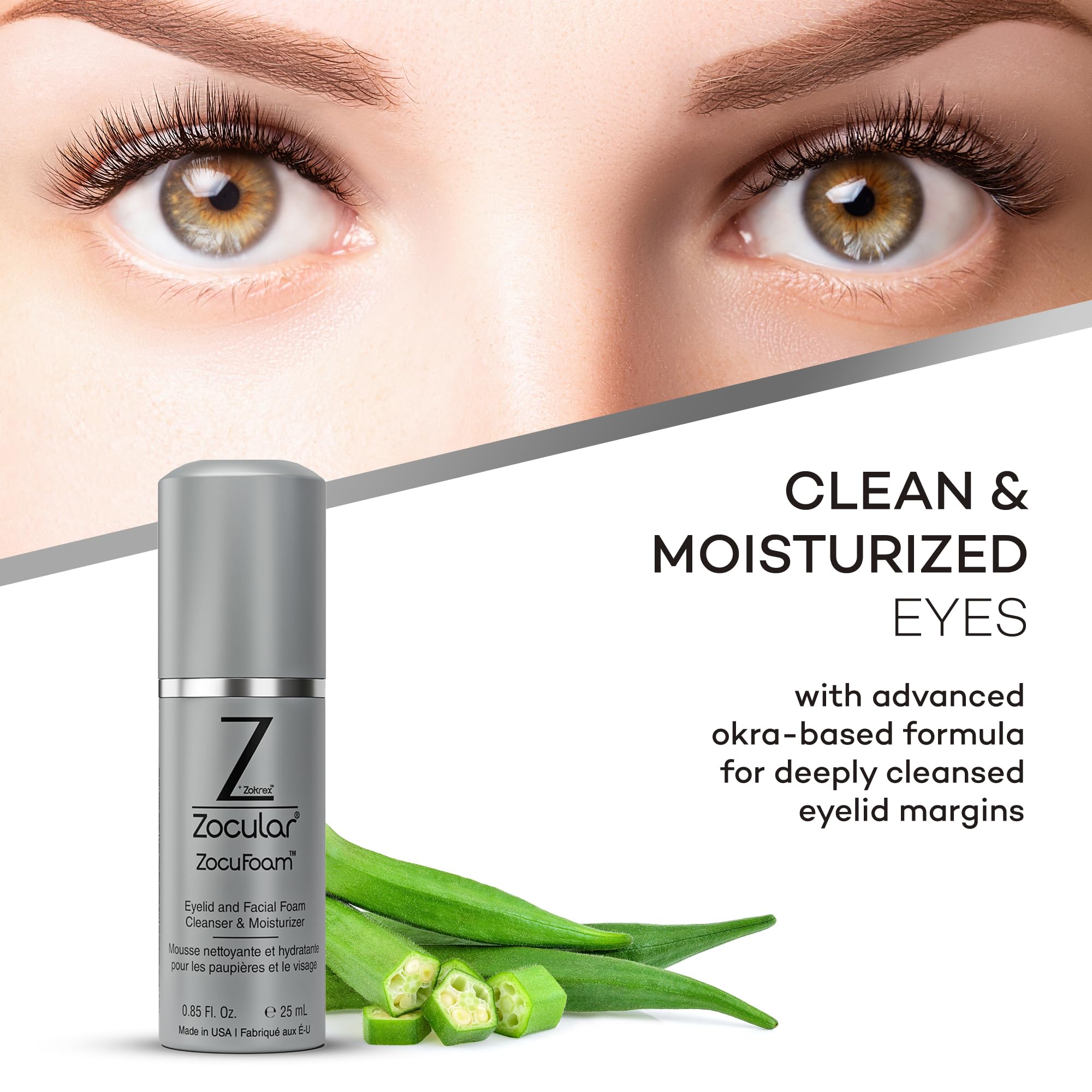 Hands applying ZocuFoam on eyelids for a cleansing routine.