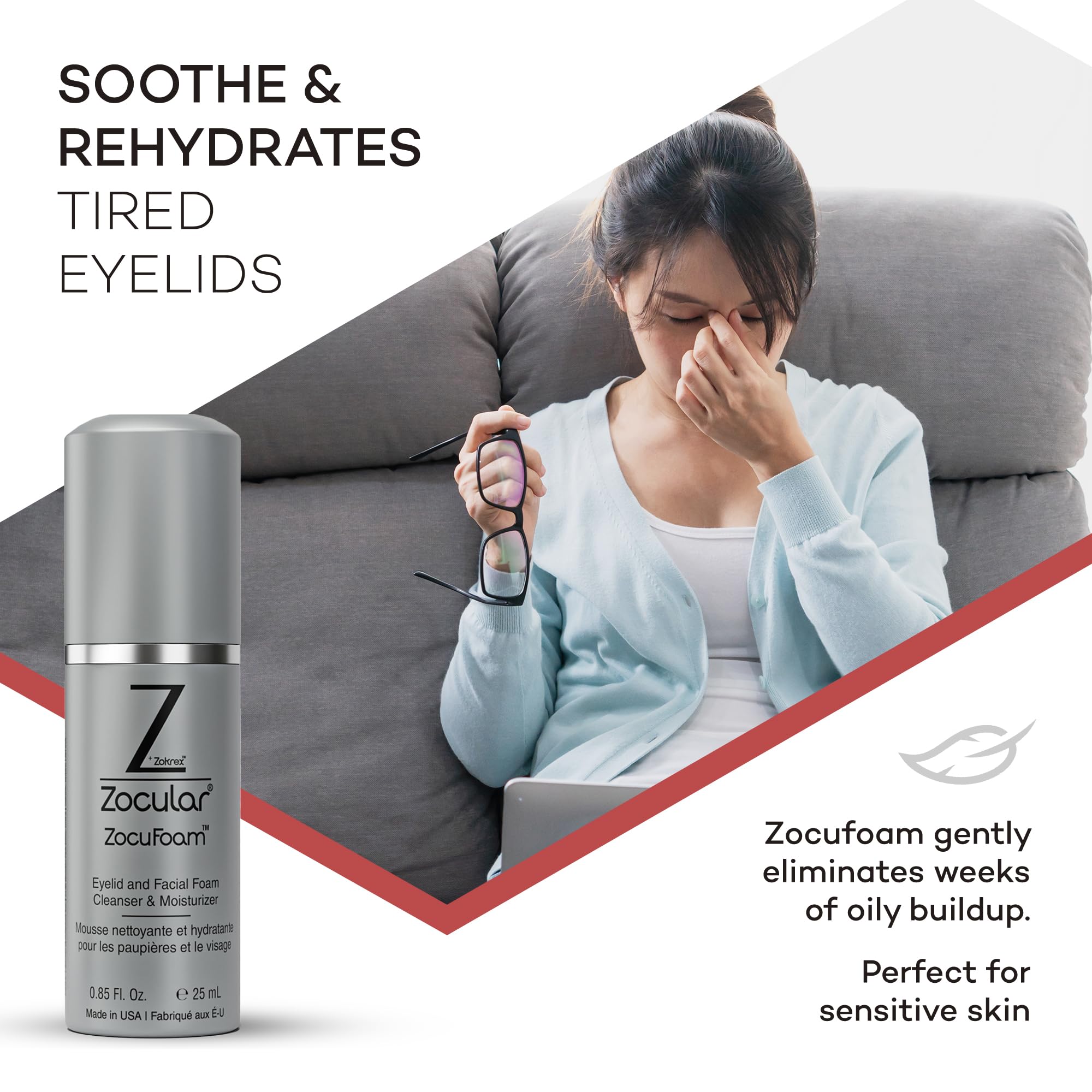 Ophthalmologist-developed badge on ZocuFoam signaling trusted design.