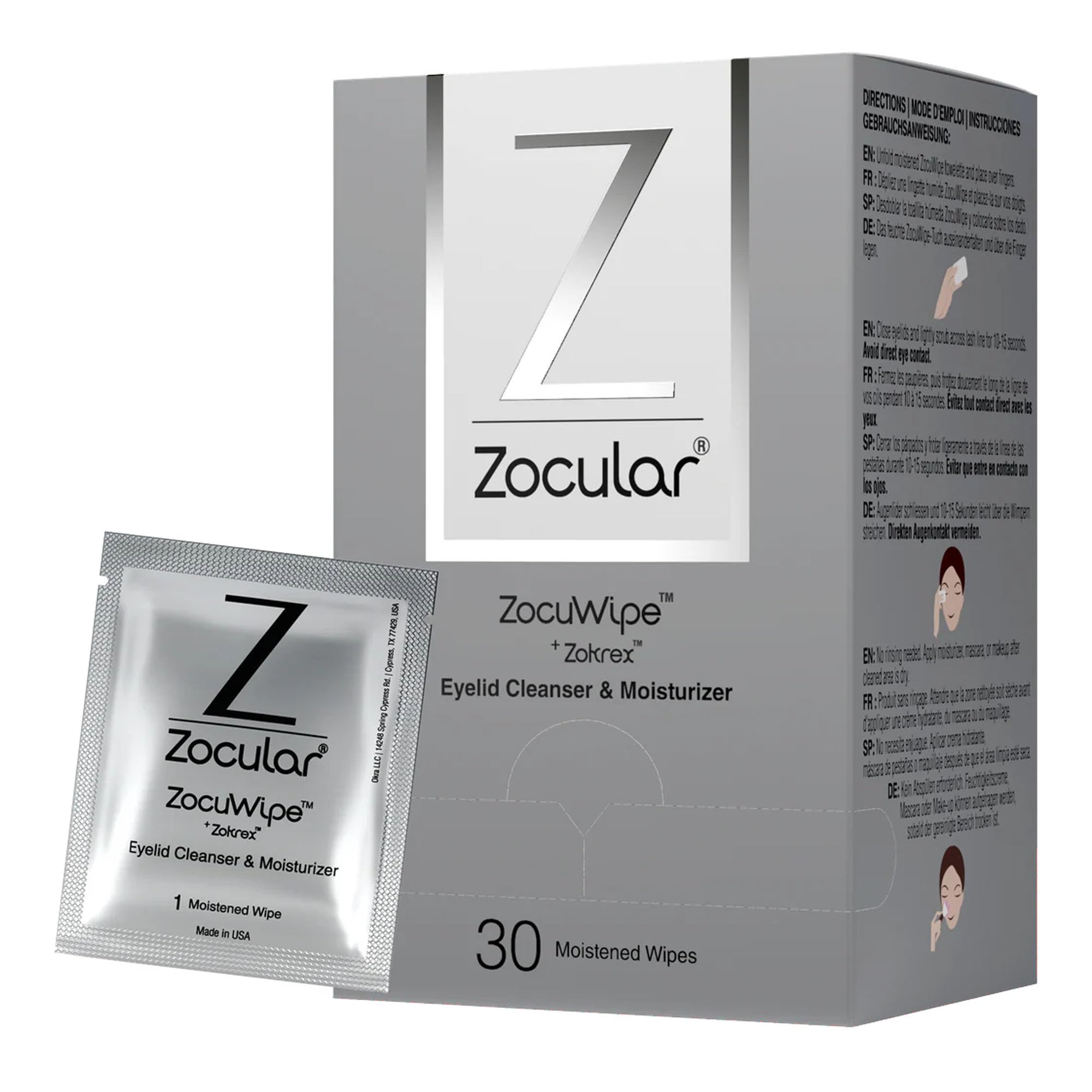 Zocular Zocuwipe eyelid wipes in packaging, ready for daily cleansing and refreshment