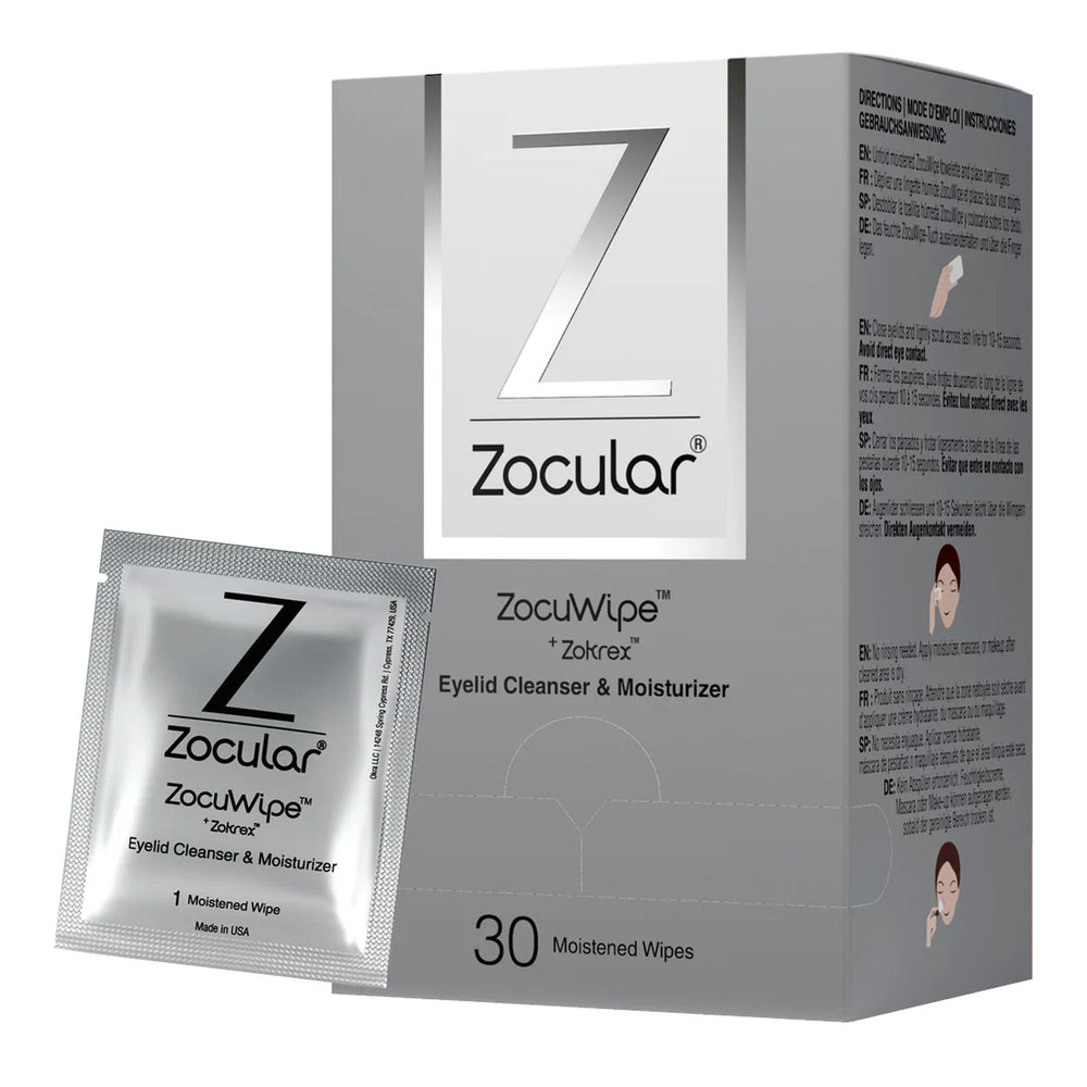 Zocular Zocuwipe eyelid wipes in packaging, ready for daily cleansing and refreshment