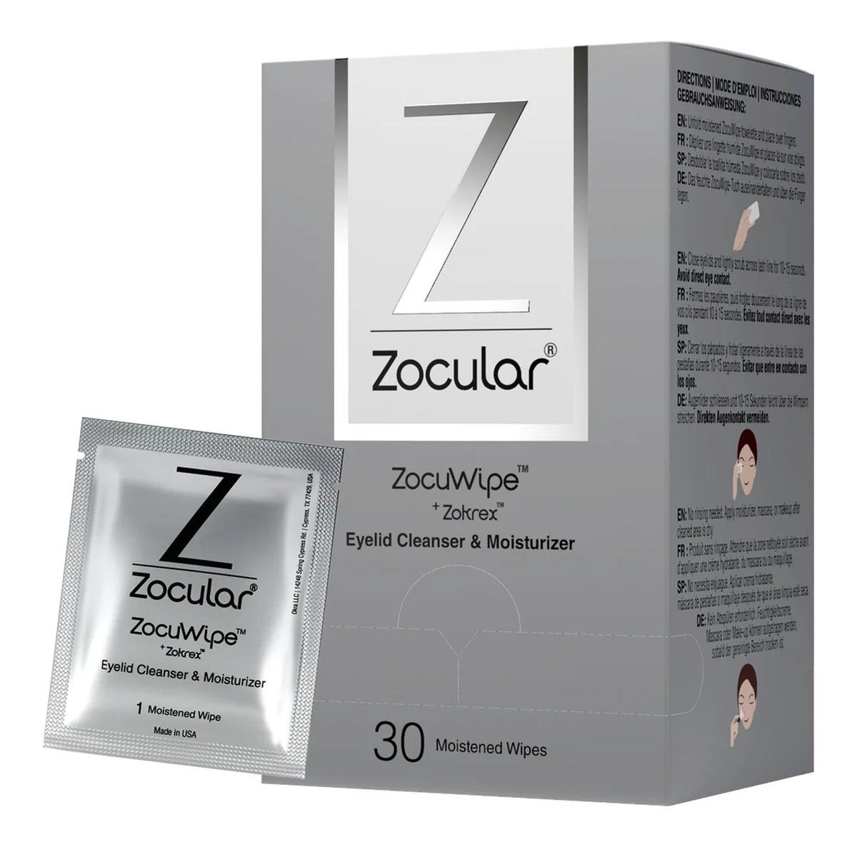 Zocular Zocuwipe eyelid wipes in packaging, ready for daily cleansing and refreshment
