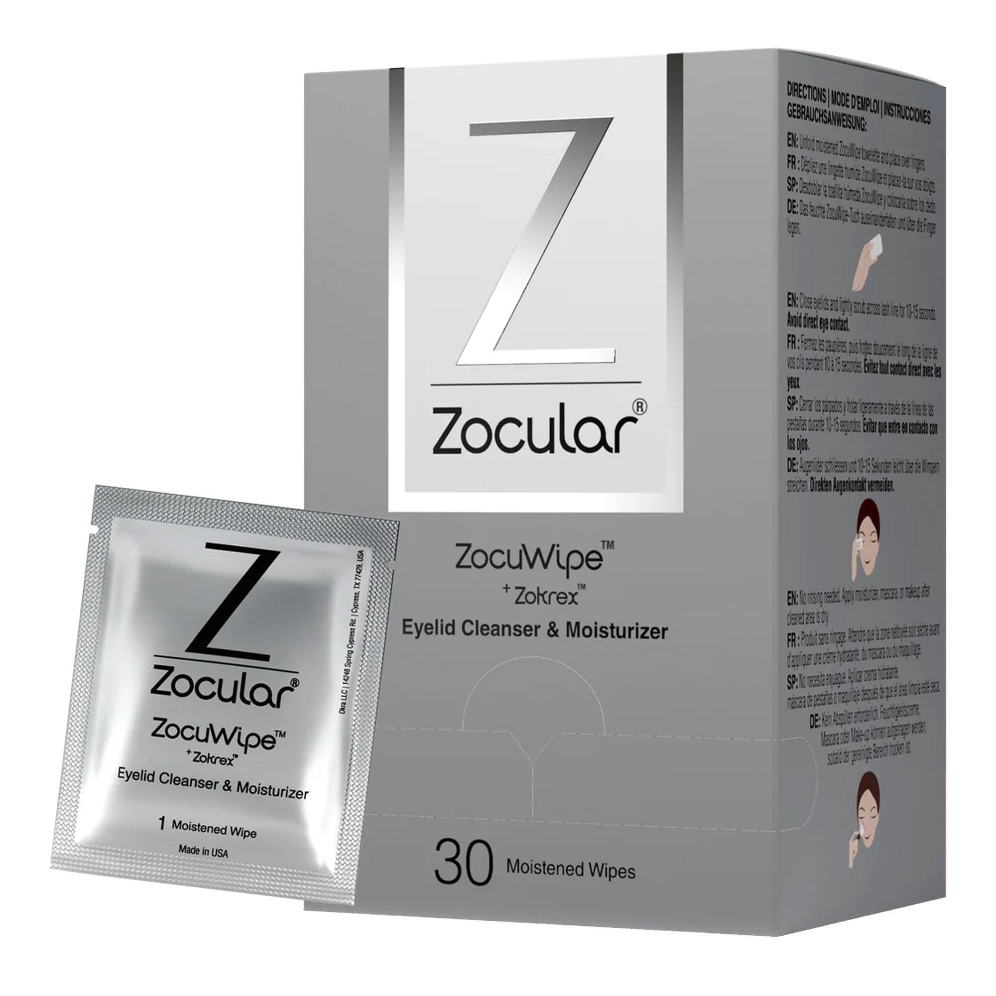 Zocular ZocuWipe packaging displayed for daily eyelid care.