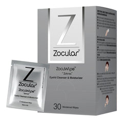 Zocular Zocuwipe eyelid wipes in packaging, ready for daily cleansing and refreshment