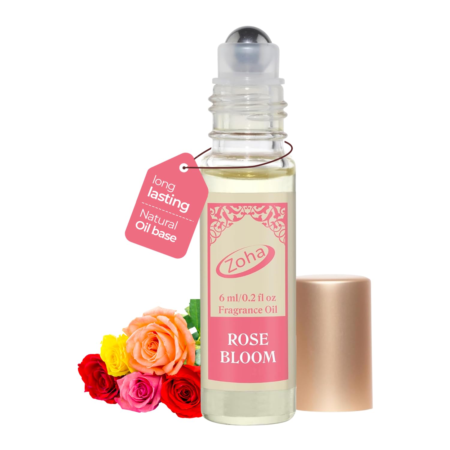 Zoha Rose Bloom bottle with rose petals, ideal for daily wear