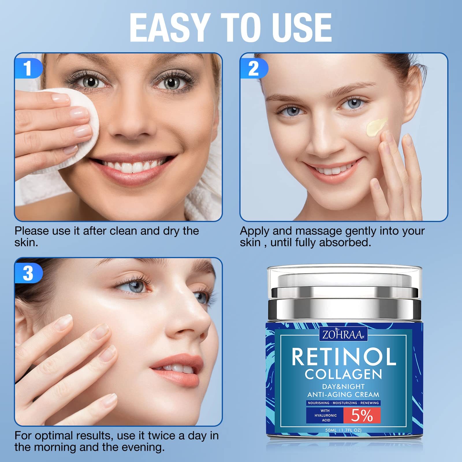 ZOHRAA day and night use visuals emphasize versatile skincare routine.