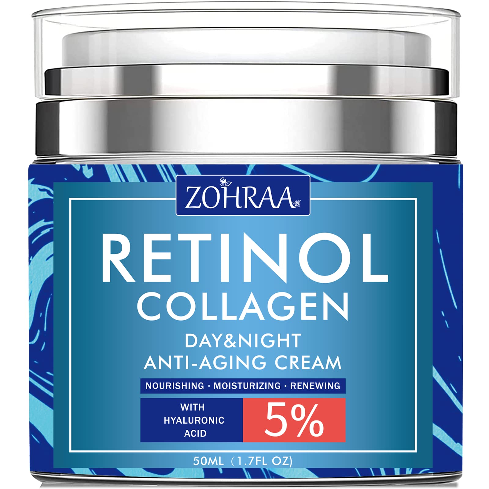 ZOHRAA retinol cream bottle packaging highlights premium anti-aging formulation for daily care.