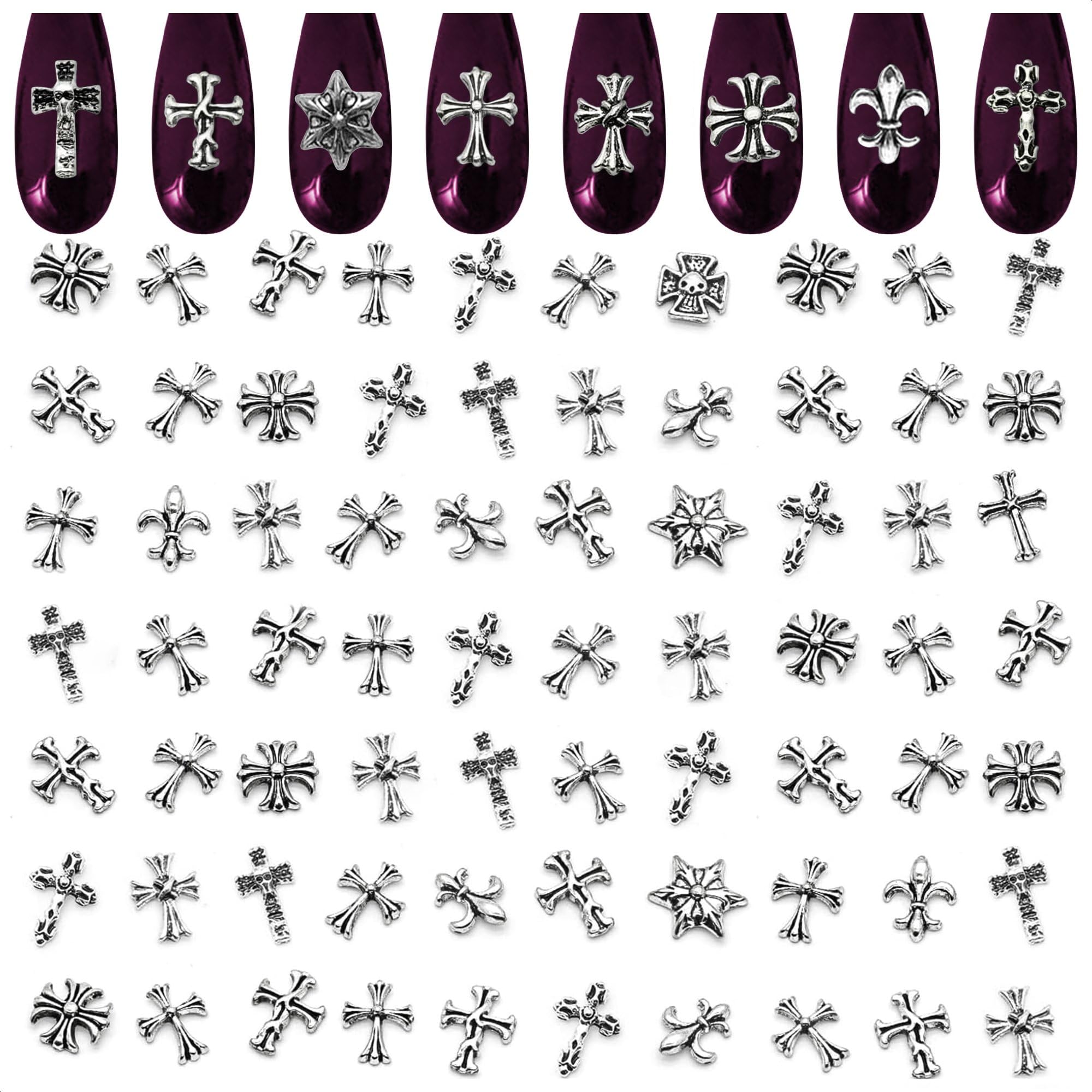 ZOKLU 120 Pcs cross nail charms—eight styles for bold Y2K and gothic nails.