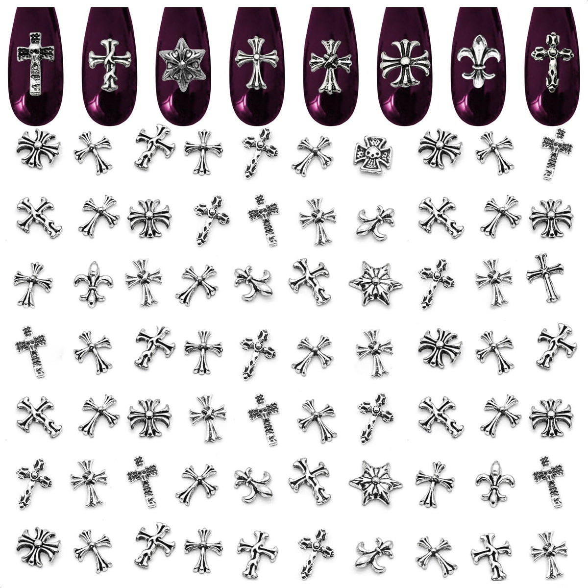 ZOKLU 120 Pcs cross nail charms—eight styles for bold Y2K and gothic nails.