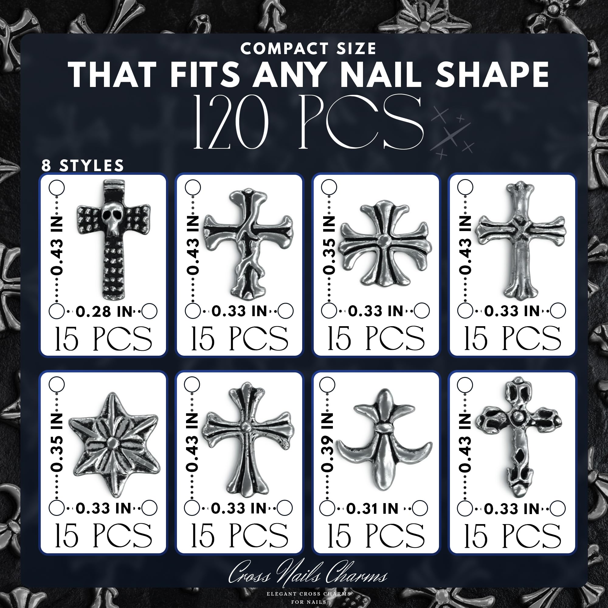 ZOKLU 3D silver cross nail charms with curved-back design for secure wear.