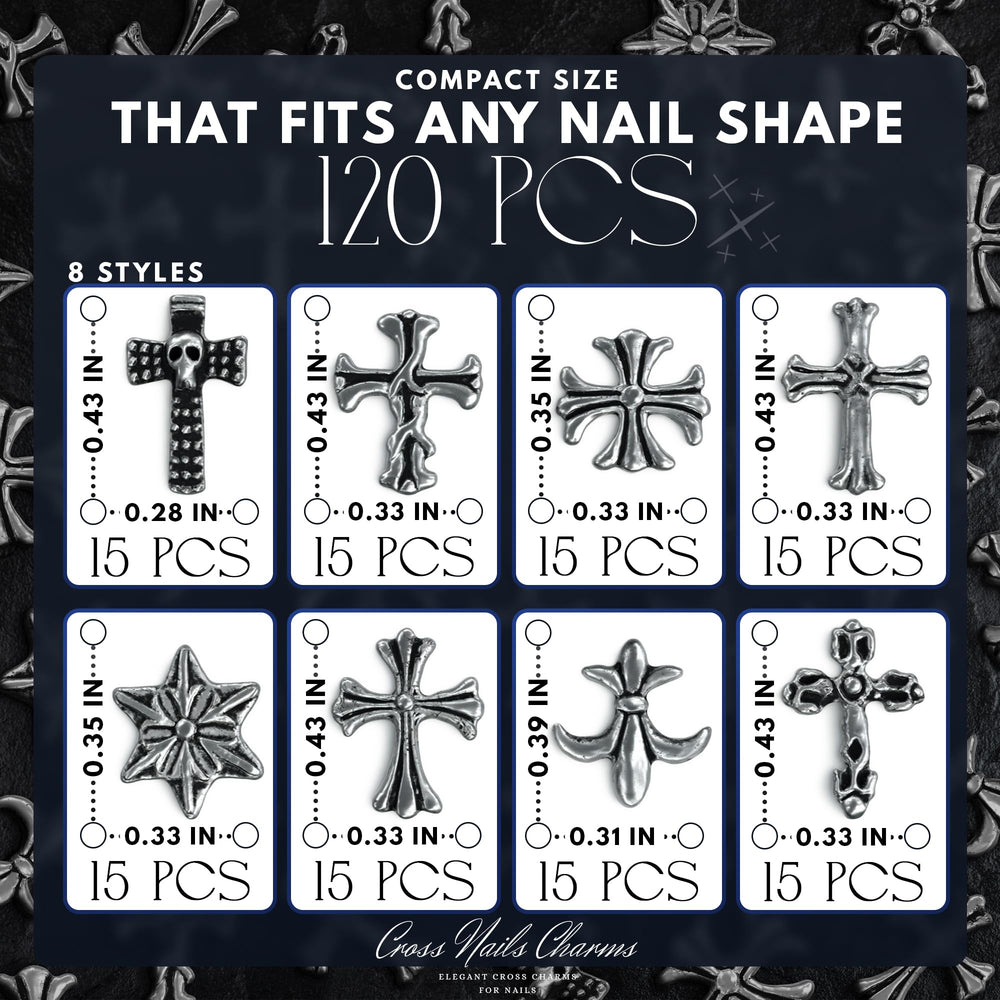 ZOKLU 3D silver cross nail charms with curved-back design for secure wear.