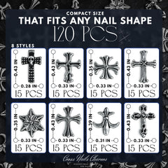 ZOKLU 3D silver cross nail charms with curved-back design for secure wear.