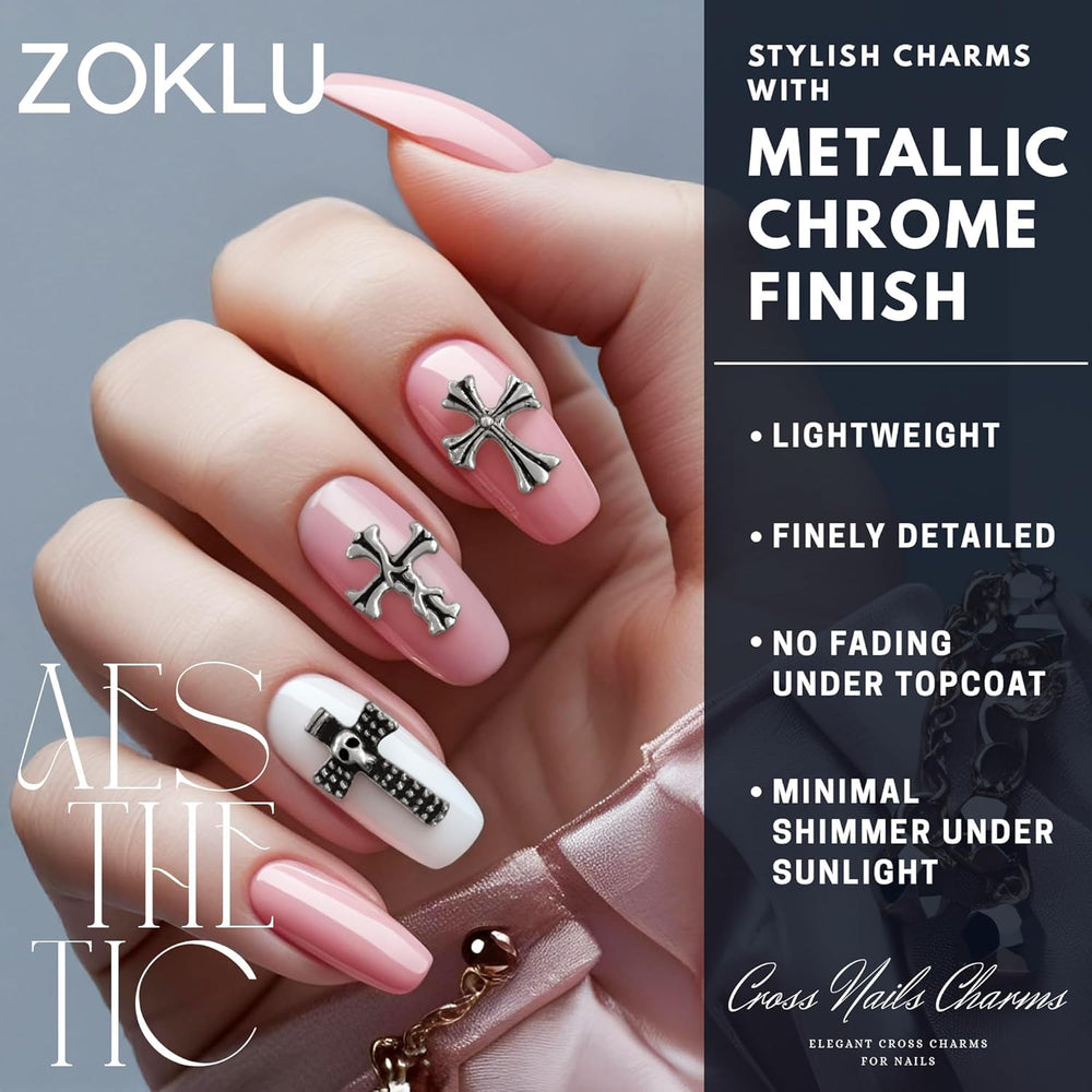 ZOKLU curved-back cross nail charms ease application on natural or acrylic nails.