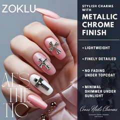 ZOKLU curved-back cross nail charms ease application on natural or acrylic nails.