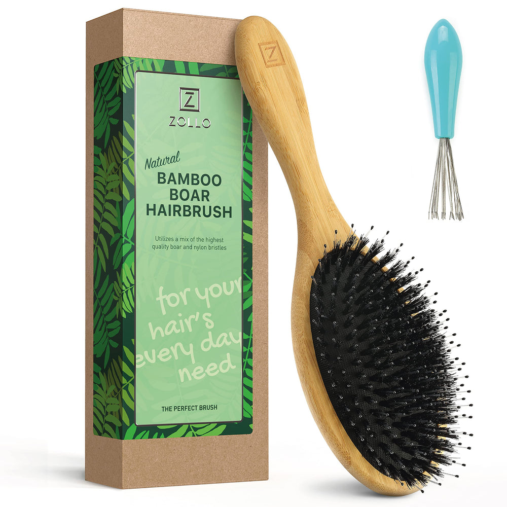 Zollo natural boar-bristle hair brush with black hairs for gentle detangling.