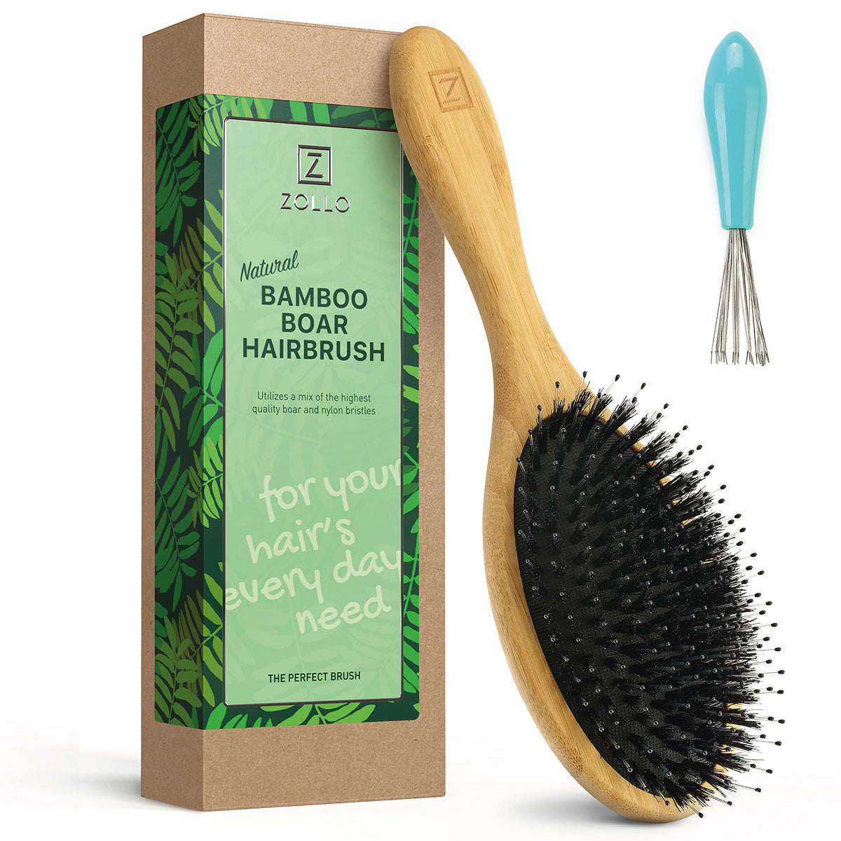 Zollo natural boar-bristle hair brush with black hairs for gentle detangling.
