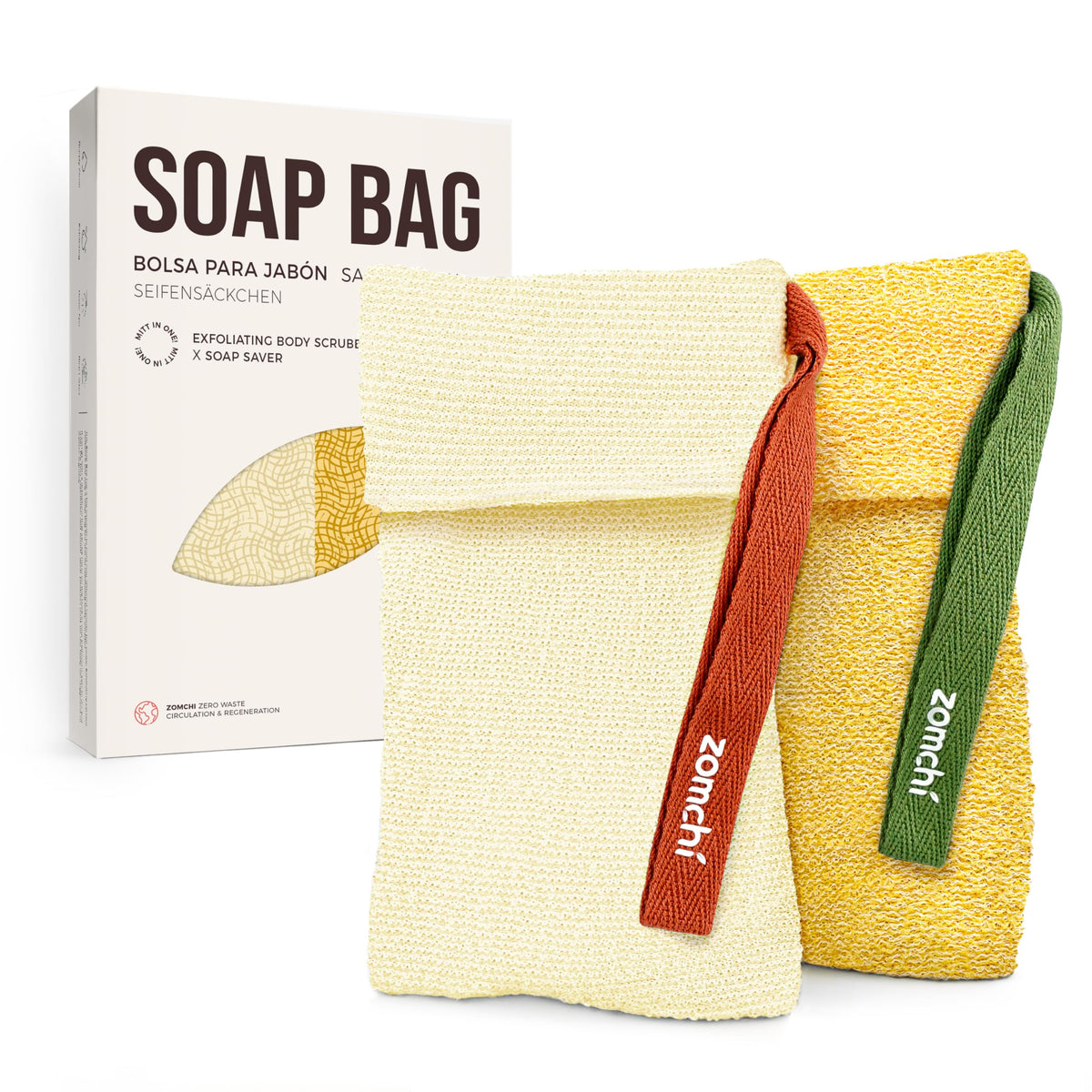 ZOMCHI bolsa-jabon-exfoliante-texturas-amarilla ofrece exfoliación versátil para piel seca.
