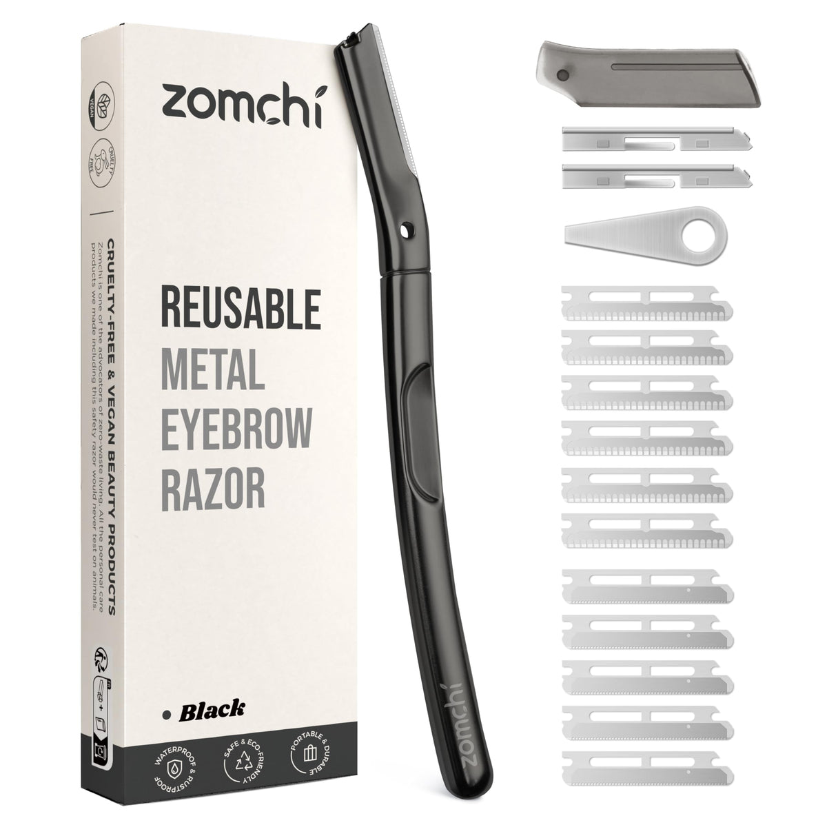 The ZOMCHI dermaplaning tool with 11 blades enables precise facial exfoliation.