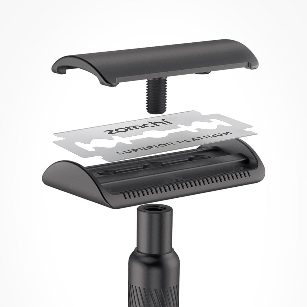 Zomchi 2.0 platinum-coated blade close-up shows smooth shaving potential