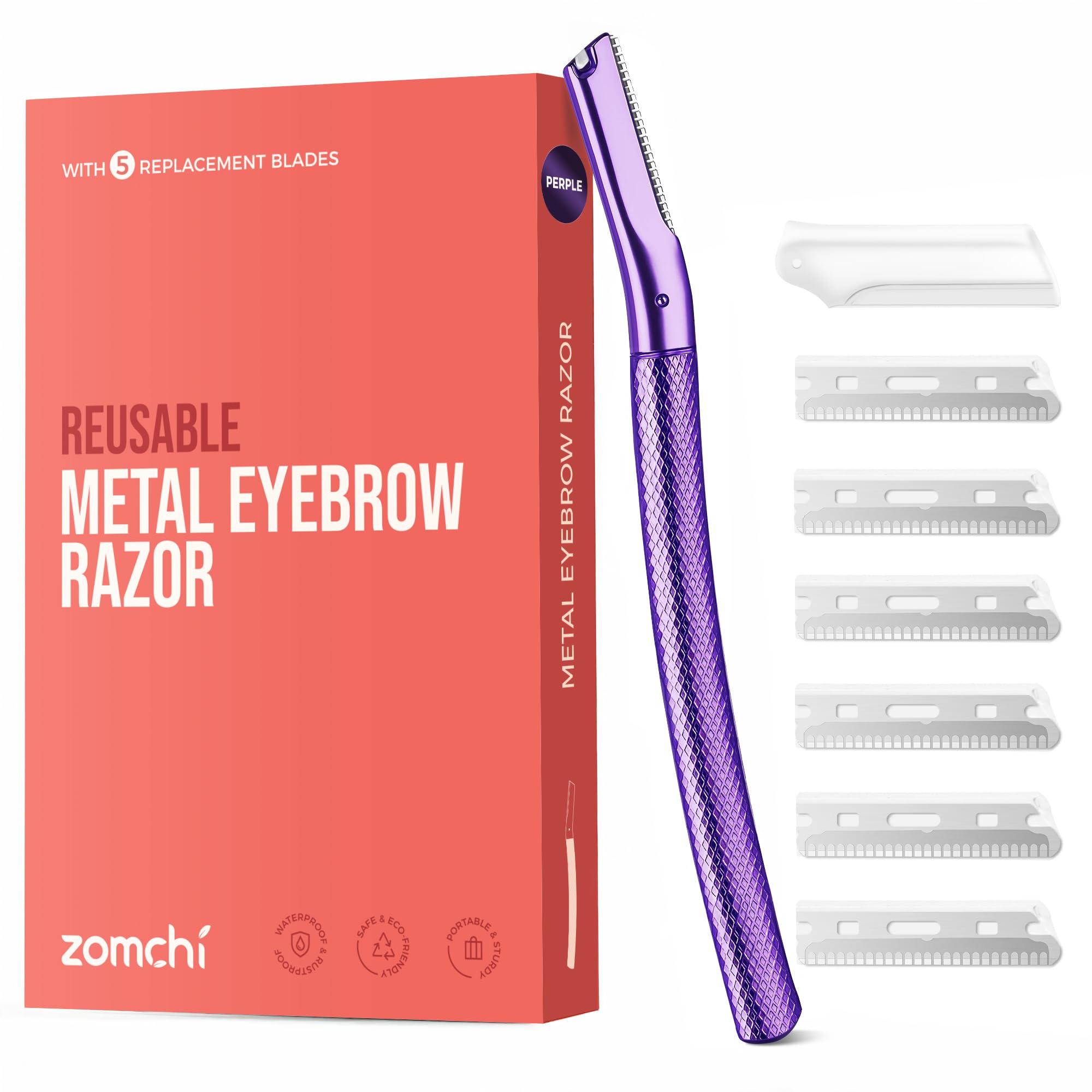 ZOMCHI eyebrow razor with six blades for precise shaping and gentle dermaplaning.