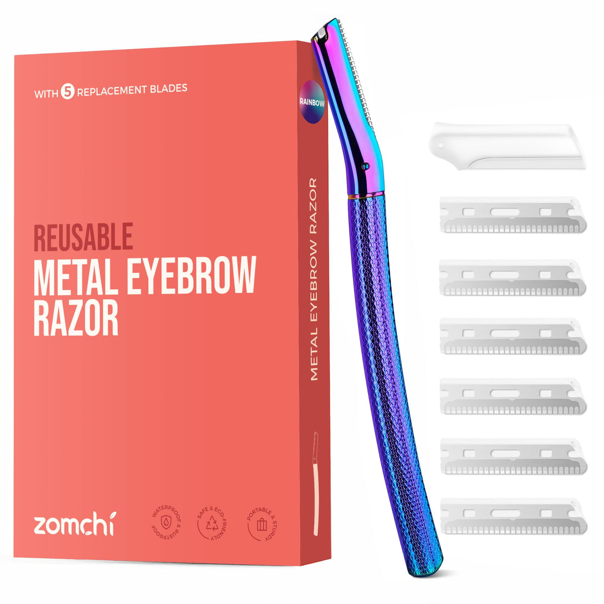 ZOMCHI eyebrow razor rainbow handle close-up shows precision blades for shaping