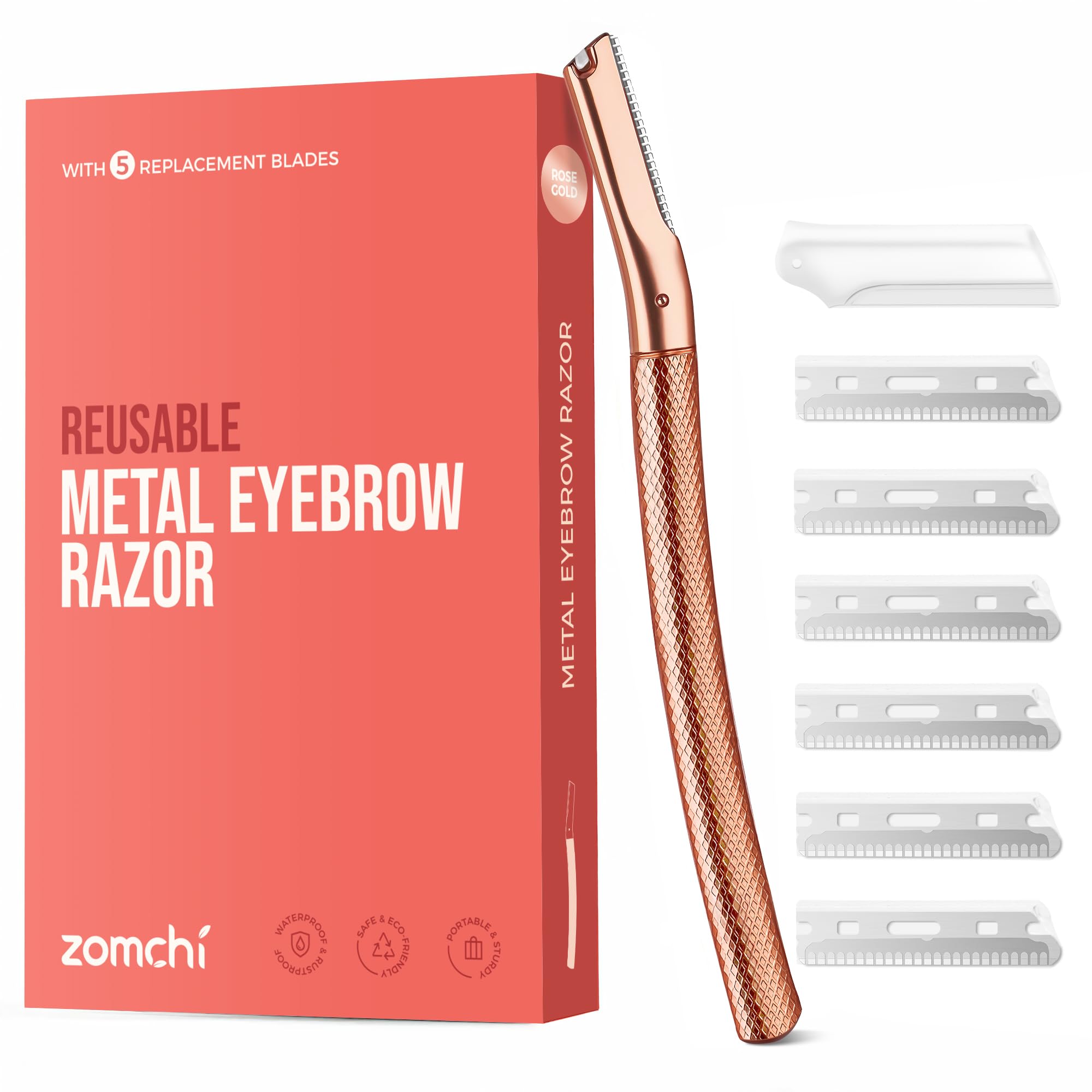 ZOMCHI Eyebrow Razor in rose gold close-up, precise brow trimming.