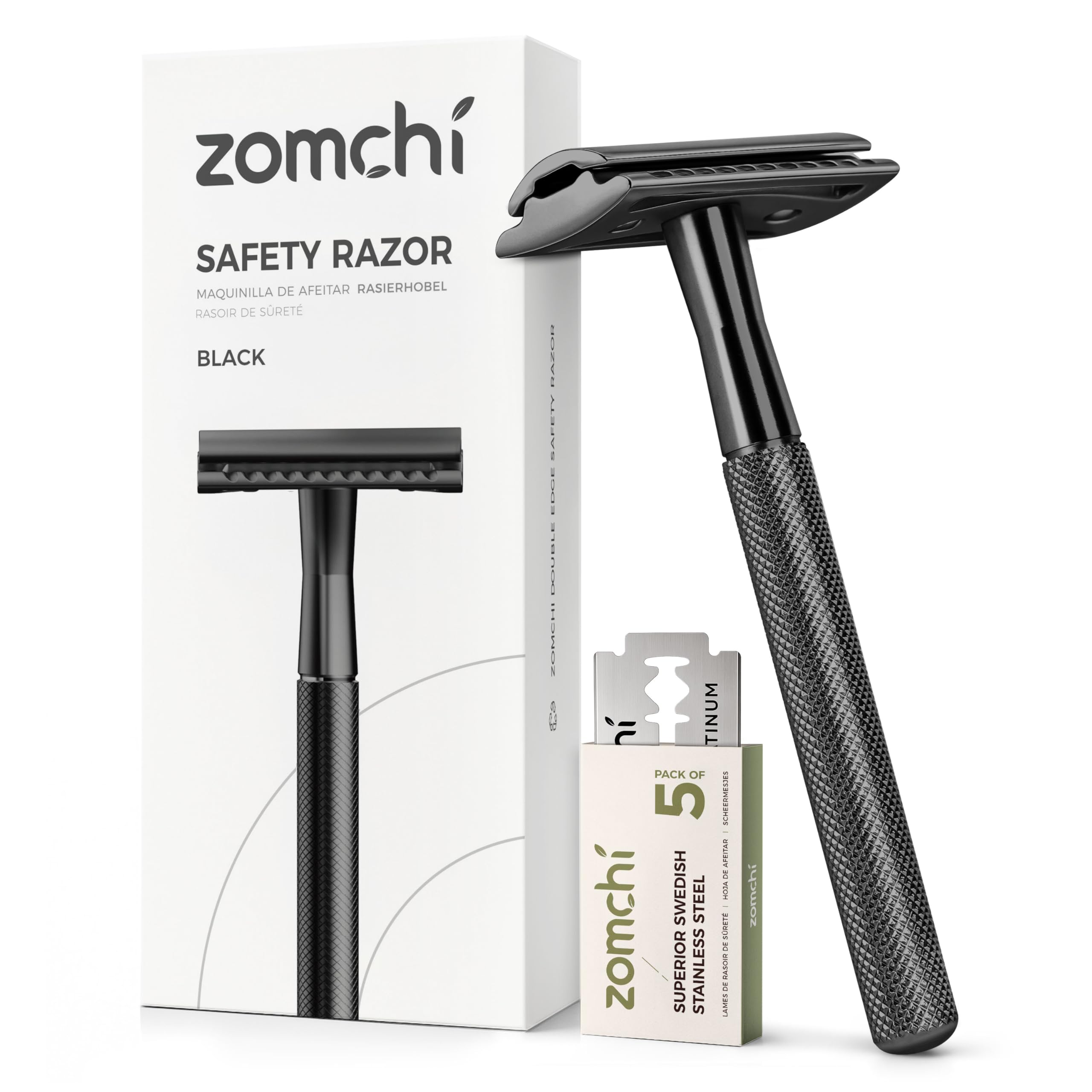 ZOMCHI safety razor with black handle for precise, comfortable shaving