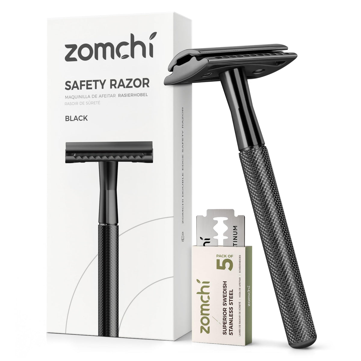 ZOMCHI safety razor with black handle for precise, comfortable shaving