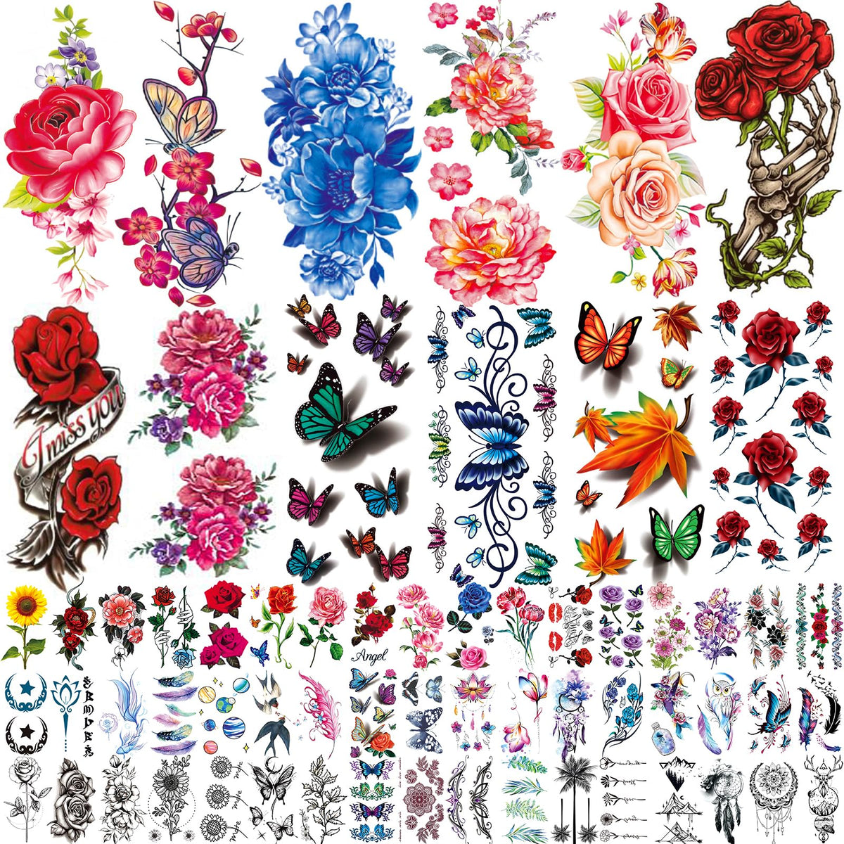 Tatuaje temporal Zomme rosas y mariposas para looks duraderos.