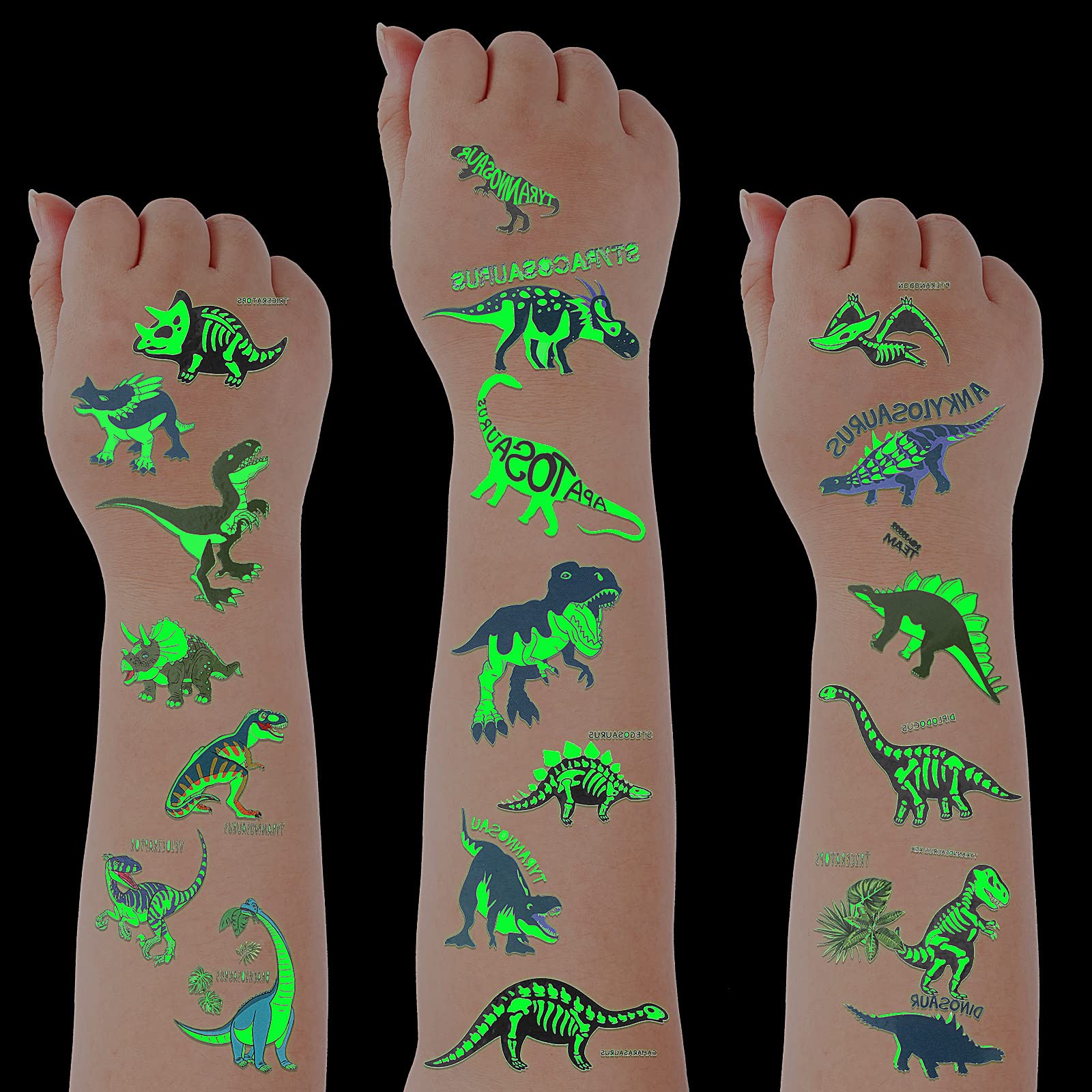 Tatuajes de dinosaurios con brillo nocturno de Zonon para piel, ideales para fiestas.
