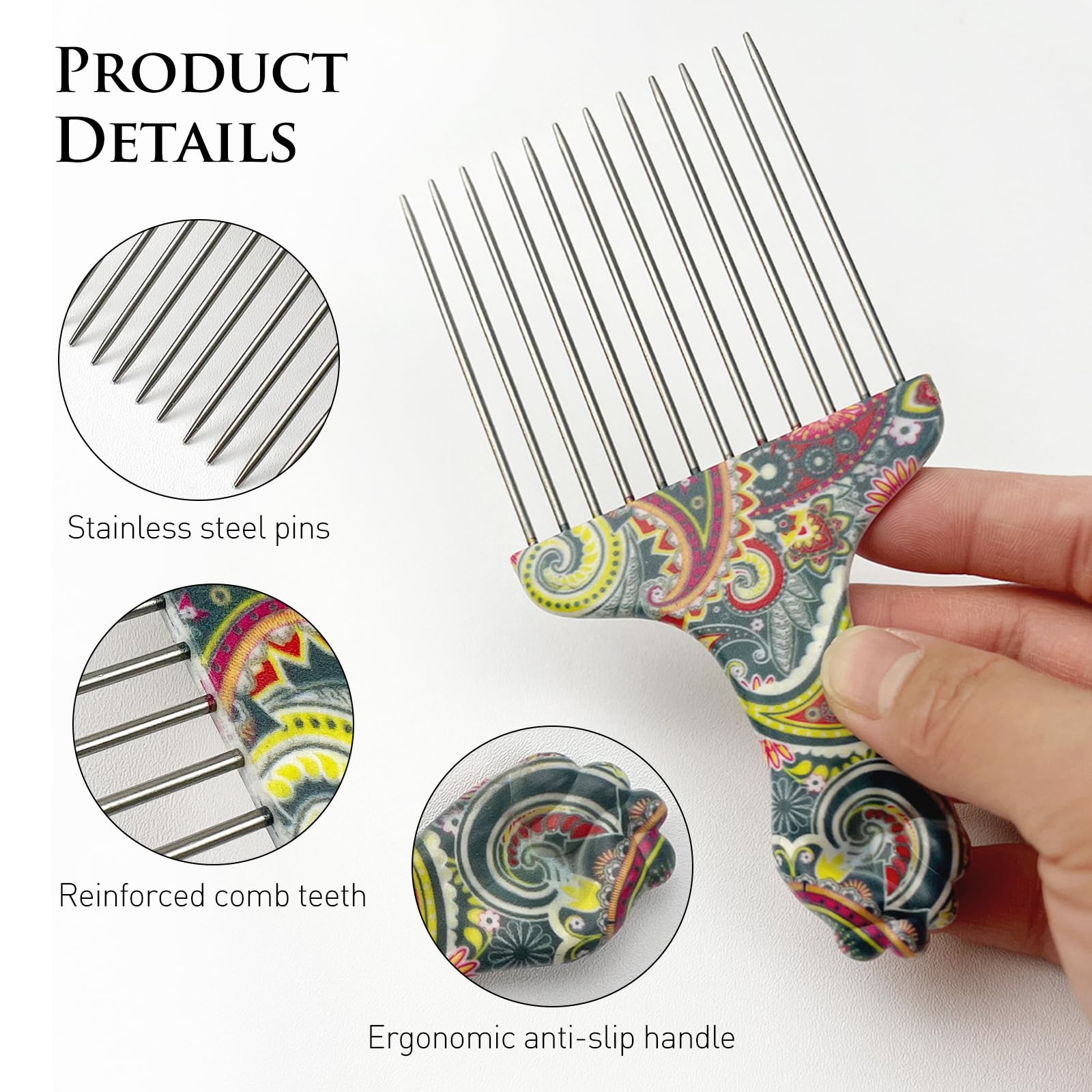 Zoolinn anti-static stainless steel hair pick helps reduce static during styling.