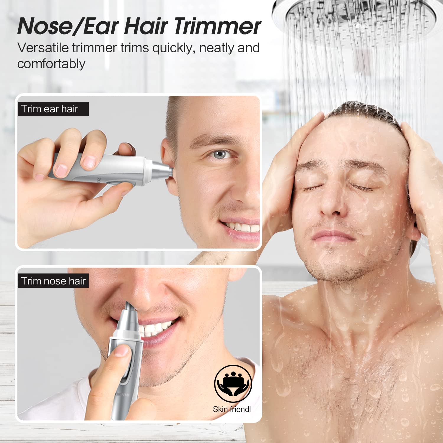 ZORAMI ear-nose-trimmer in hand demonstrates ergonomic control.
