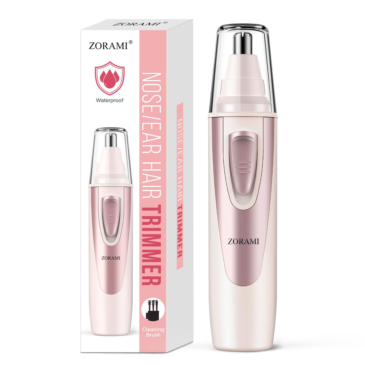 ZORAMI ear and nose trimmer in rose pink, front view for quick grooming.