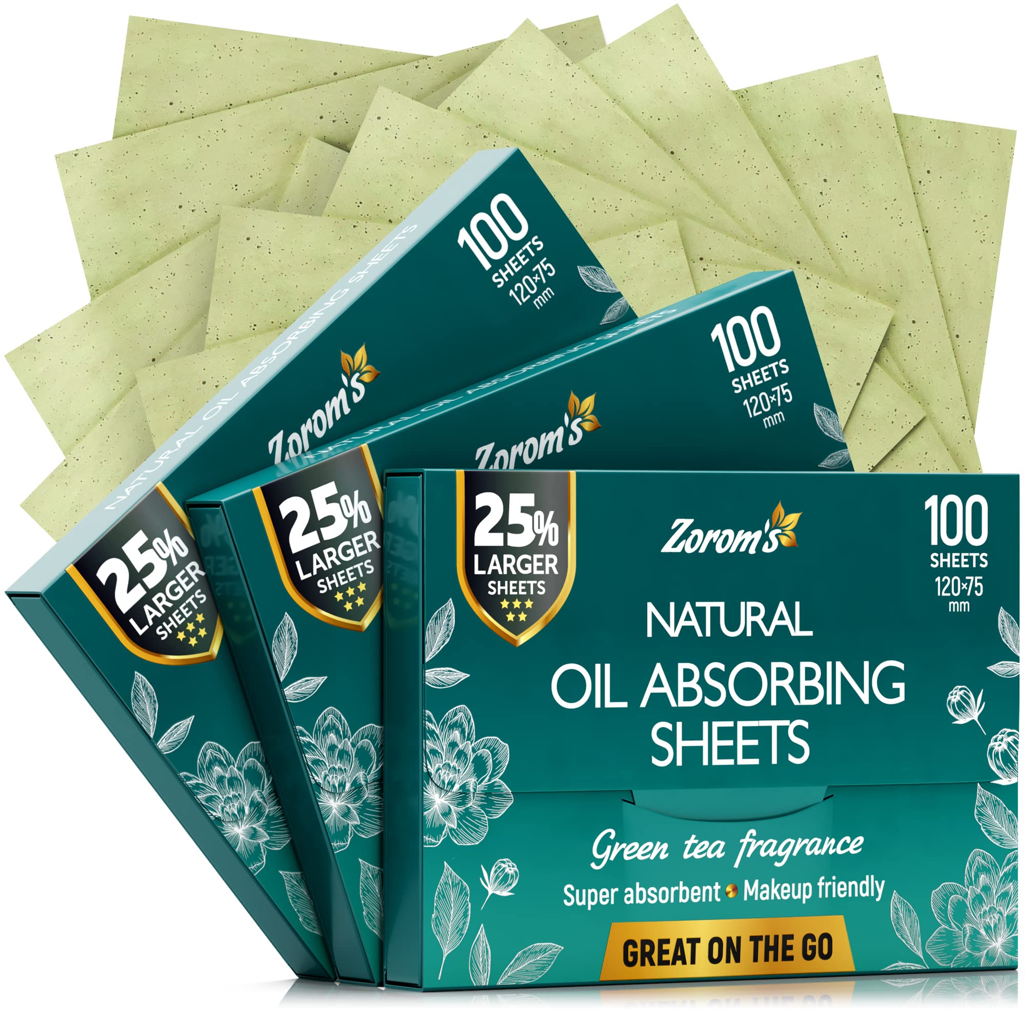 ZOROM'S green tea blotting sheets 3-pack packaging for oil control