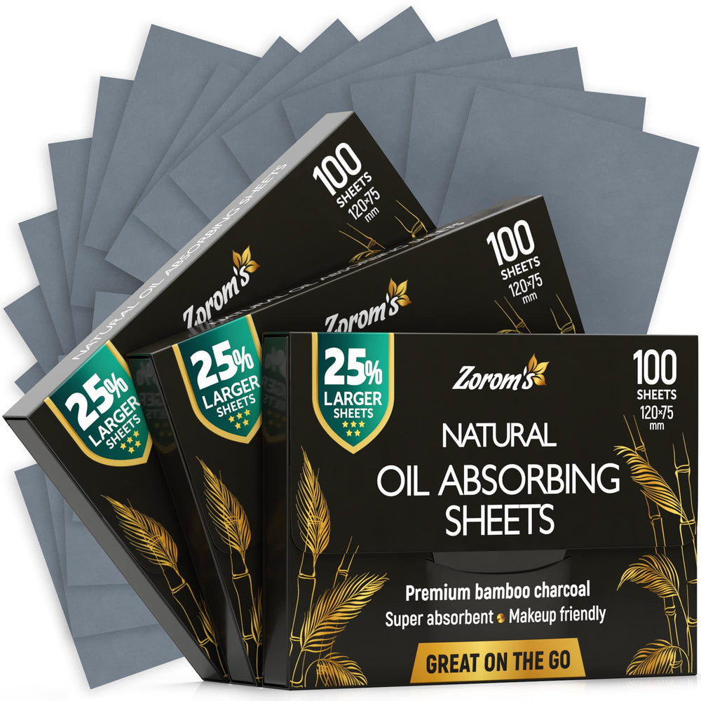 ZOROM'S natural oil blotting sheets with charcoal in a dispenser quickly refreshes skin.