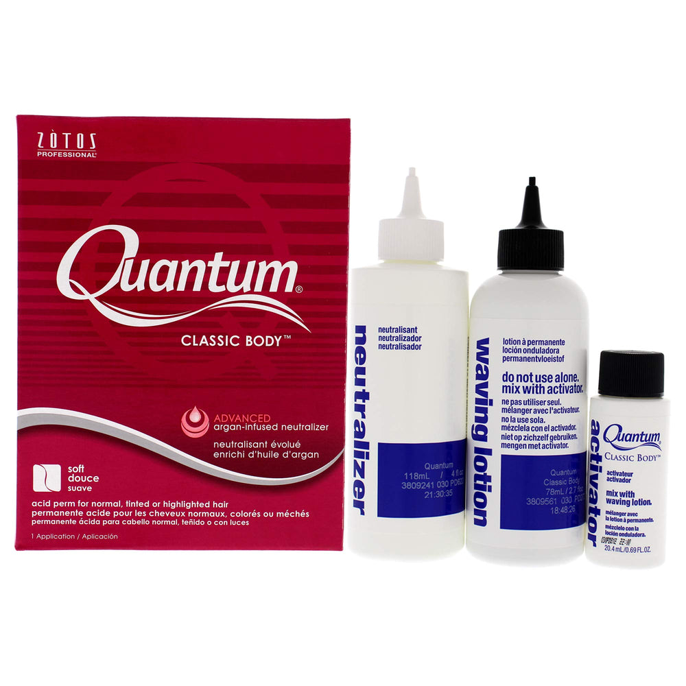Zotos Quantum Classic Body Acid Perm bottle label highlights porosity-balanced formula