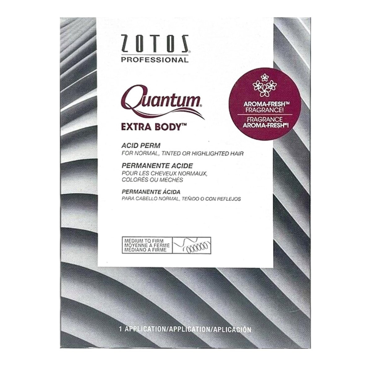 Zotos Quantum bottle shows the acid permanent formula for long-lasting curls.