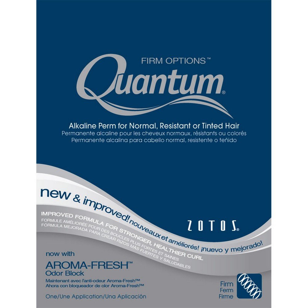 Zotos Quantum Firm alkaline perm bottle shows defined, resilient curls for versatile styling