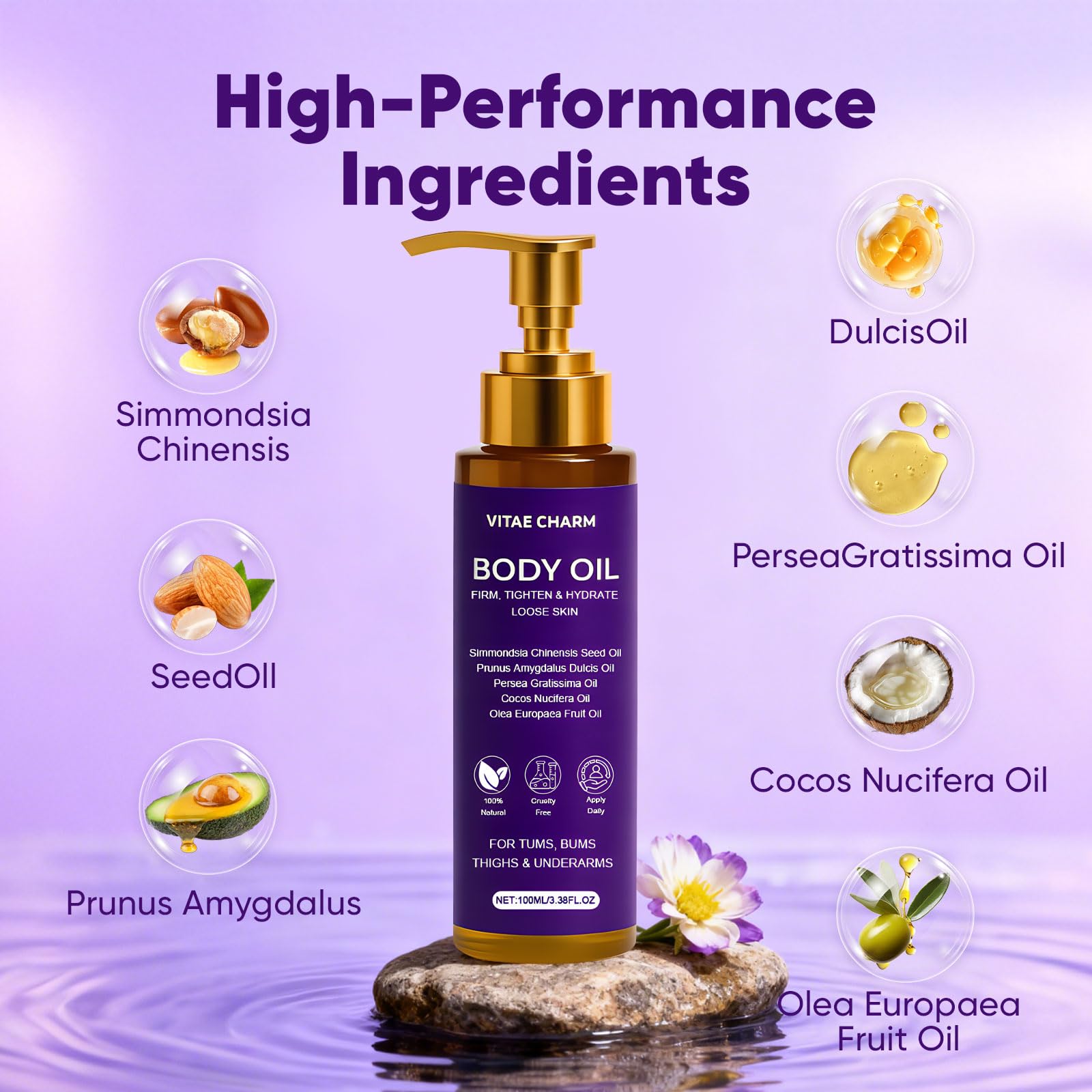 Zotreval Vitae Charm Body Oil ingredients close-up highlight natural nourishment blend.