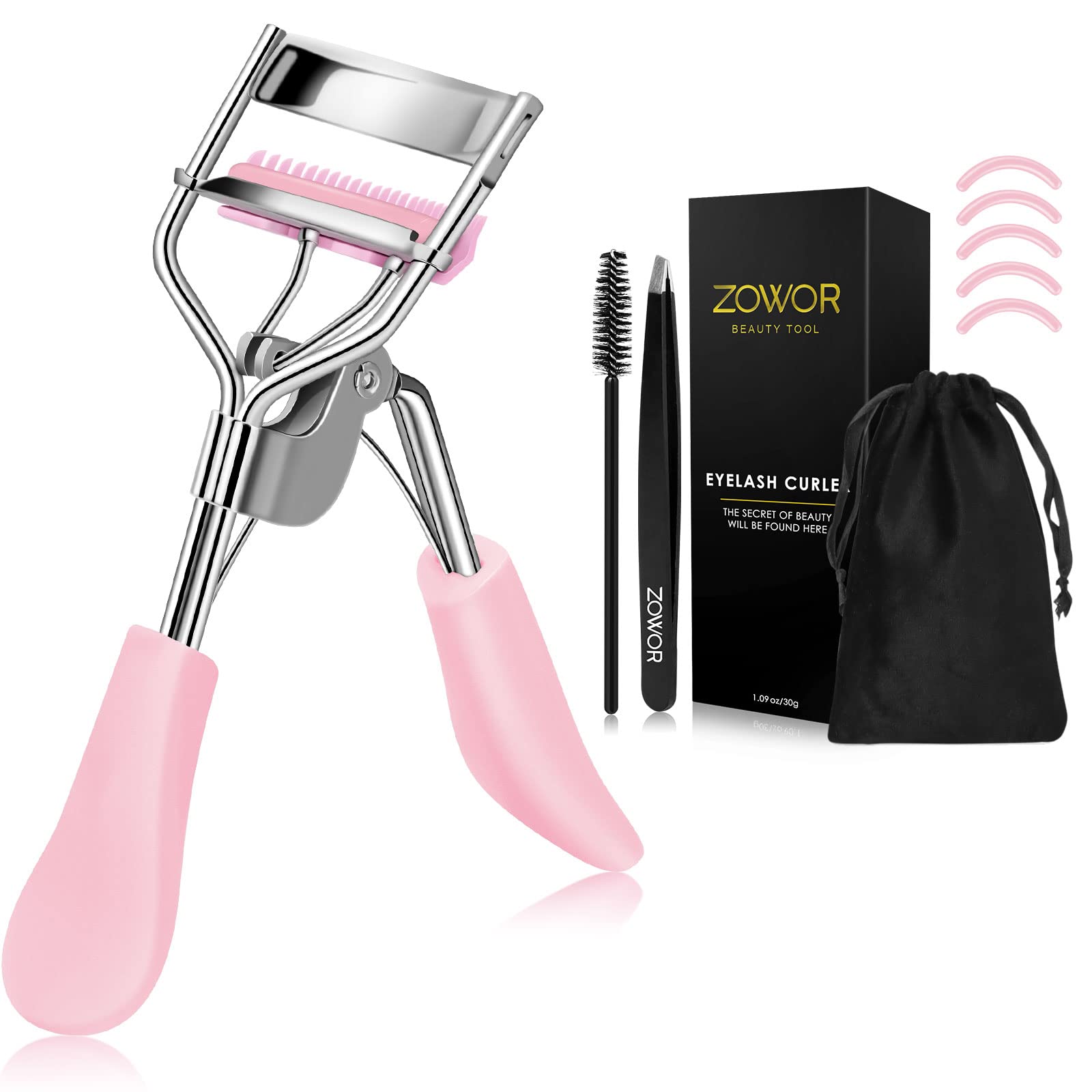 Zowor eyelash curler with comb in pink, easy lift for a wide-eyed look.