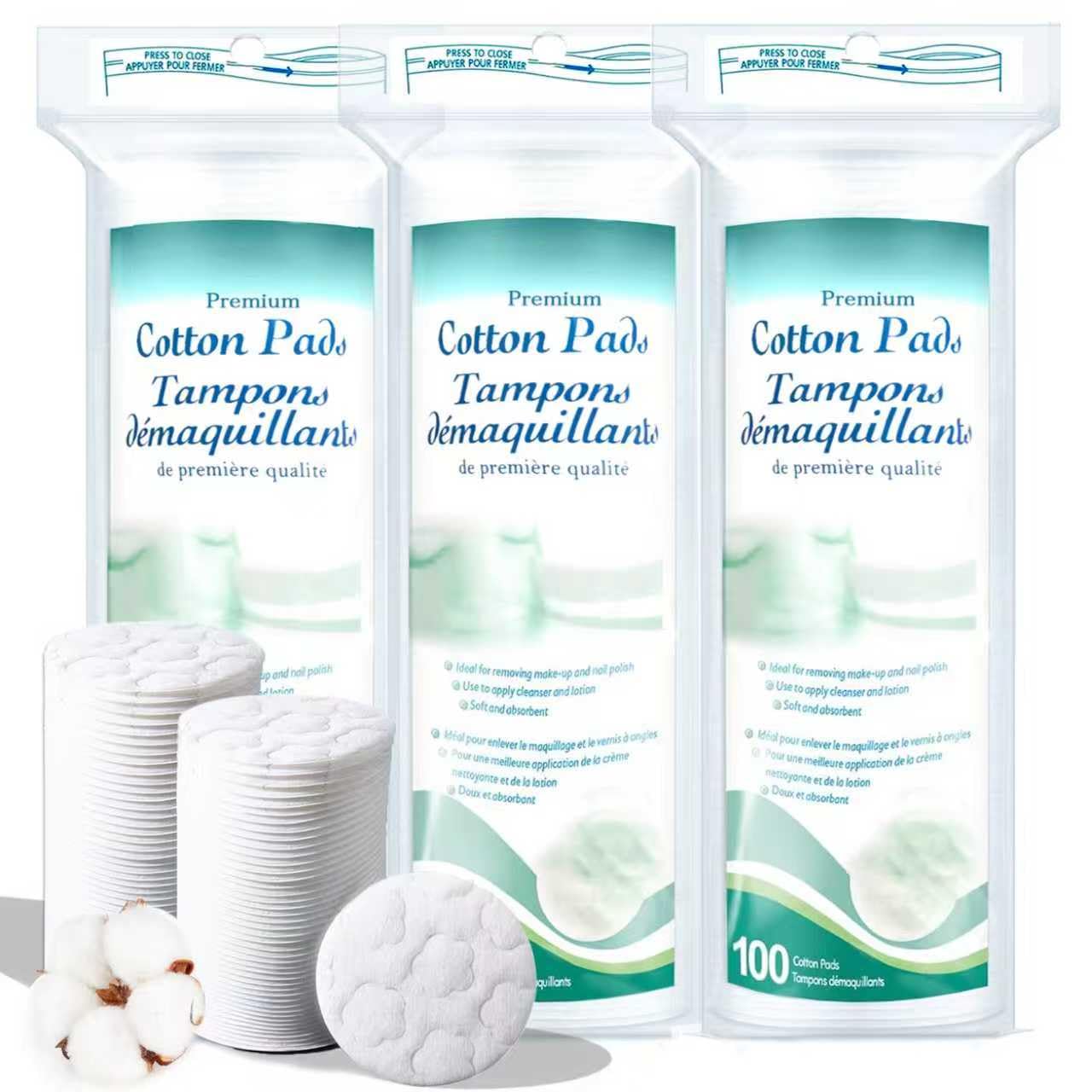 ZPCO Premium Cotton Rounds 3-pack, soft and durable for makeup removal at home.